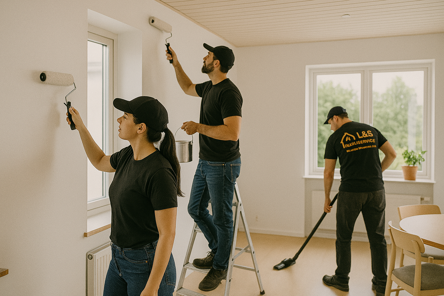 Bild på tre personer som målar om och städar
